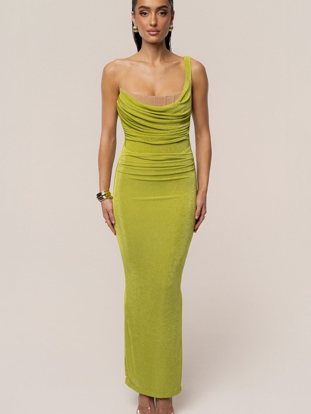 JLUXLABEL One-Shoulder Cowl Maxi Dress in Lime